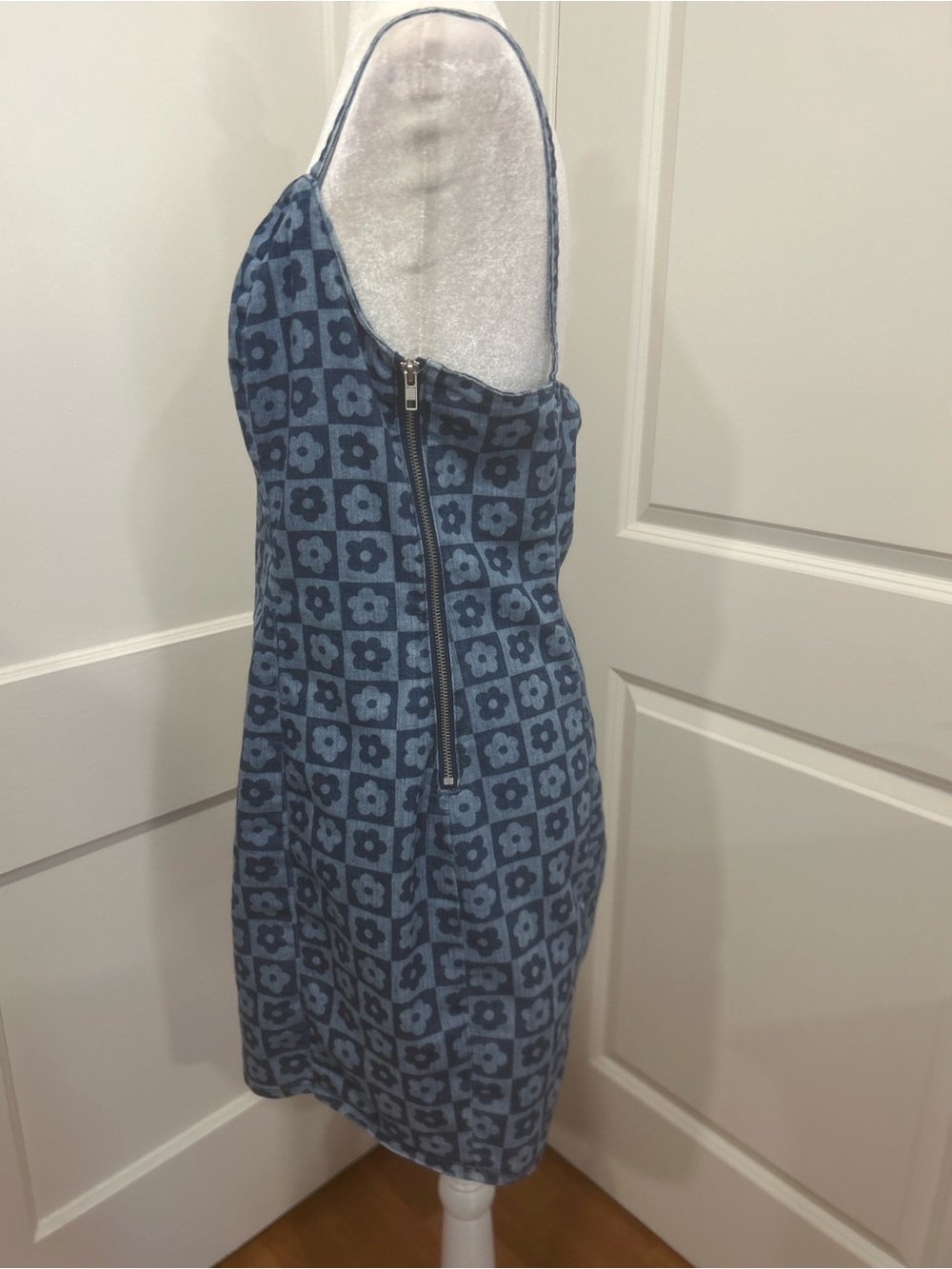 H&M Divided Floral Check Mini Dress Women’s sz Large Y2K Blue Bodycon cute girl - Picture 11 of 12